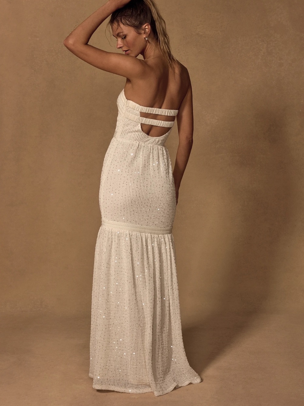 Lulus Sutri Cream Crochet Sequin Strapless Maxi Dress Mermaid Size XS Beach - Picture 6 of 6